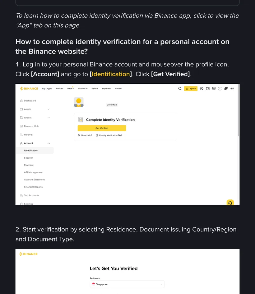Binance Help Center steps for personal identity verification: the account dashboard with Identification selected in the left menu and a yellow Get Verified button, followed by the Let's Get You Verified form asking for residence