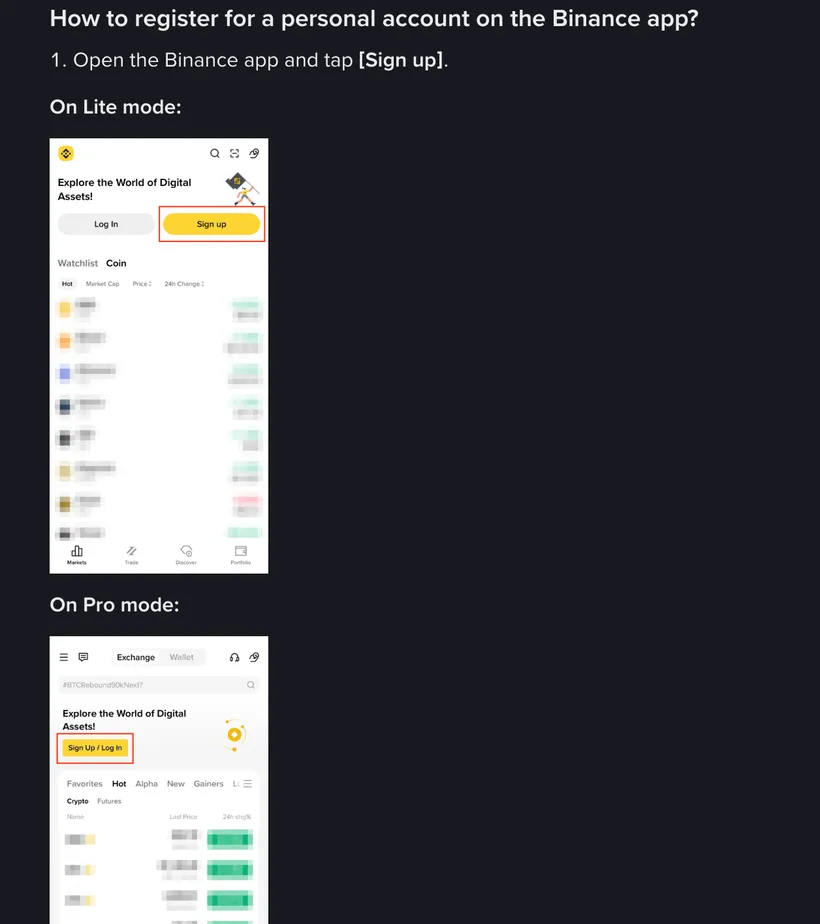 Binance Help Center guide to registering a personal account in the Binance app, step 1: a Lite mode home screen with the Sign up button outlined in red, and below it a Pro mode home screen with the Sign Up / Log In button outlined