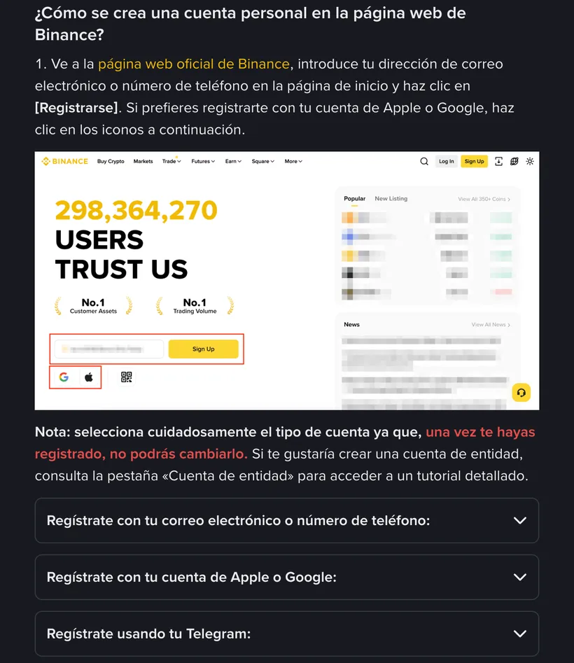 Paso 1 de la guía de registro del Centro de Ayuda de Binance: casilla de correo o teléfono, botón amarillo Sign Up e íconos de Google y Apple marcados en rojo, seguidos de tres desplegables para registrarse con correo, con Apple o Google y con Telegram