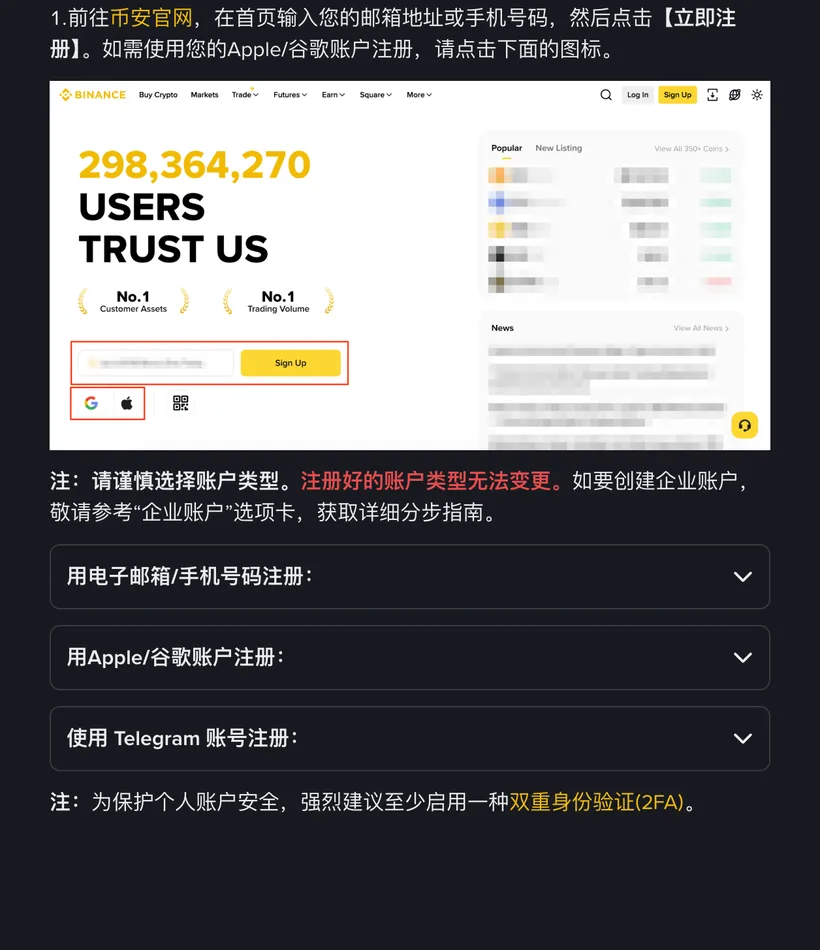 币安帮助中心注册说明的第一步:官网首页的邮箱或手机号输入框、黄色 Sign Up 按钮和 Google、Apple 图标被红框圈出,下面是三种注册方式的折叠栏和开启 2FA 的提示